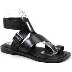 Diba True Cite See Black Leather Strappy Flat Sandals | Size 6.5